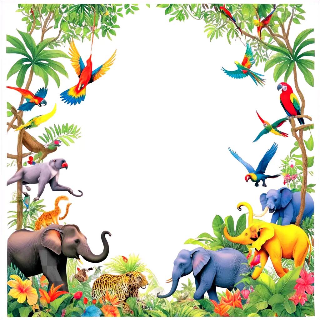 jungle scene with colorful animals and birds