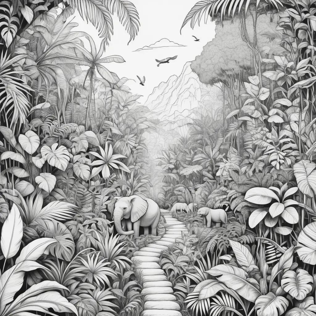 jungle scene with elephants and birds on coloring pages