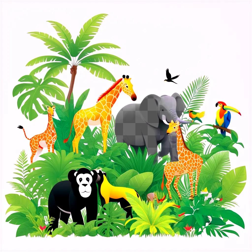 jungle scene with giraffe, elephant, and bird