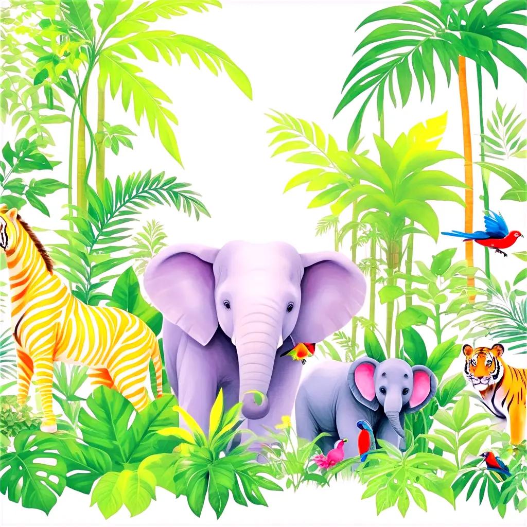 jungle scene with giraffe, zebra, tiger, and elephant