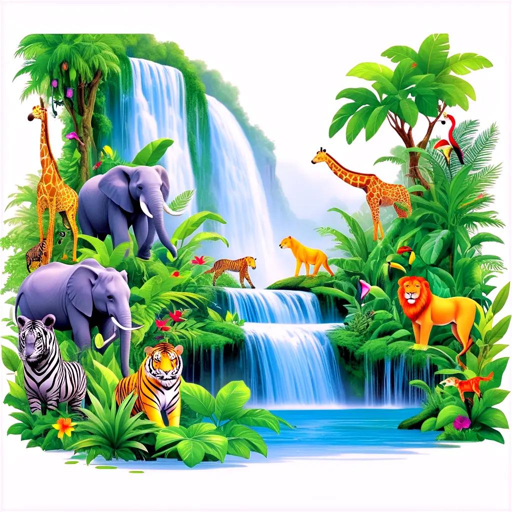 jungle scene with various animals and a waterfall