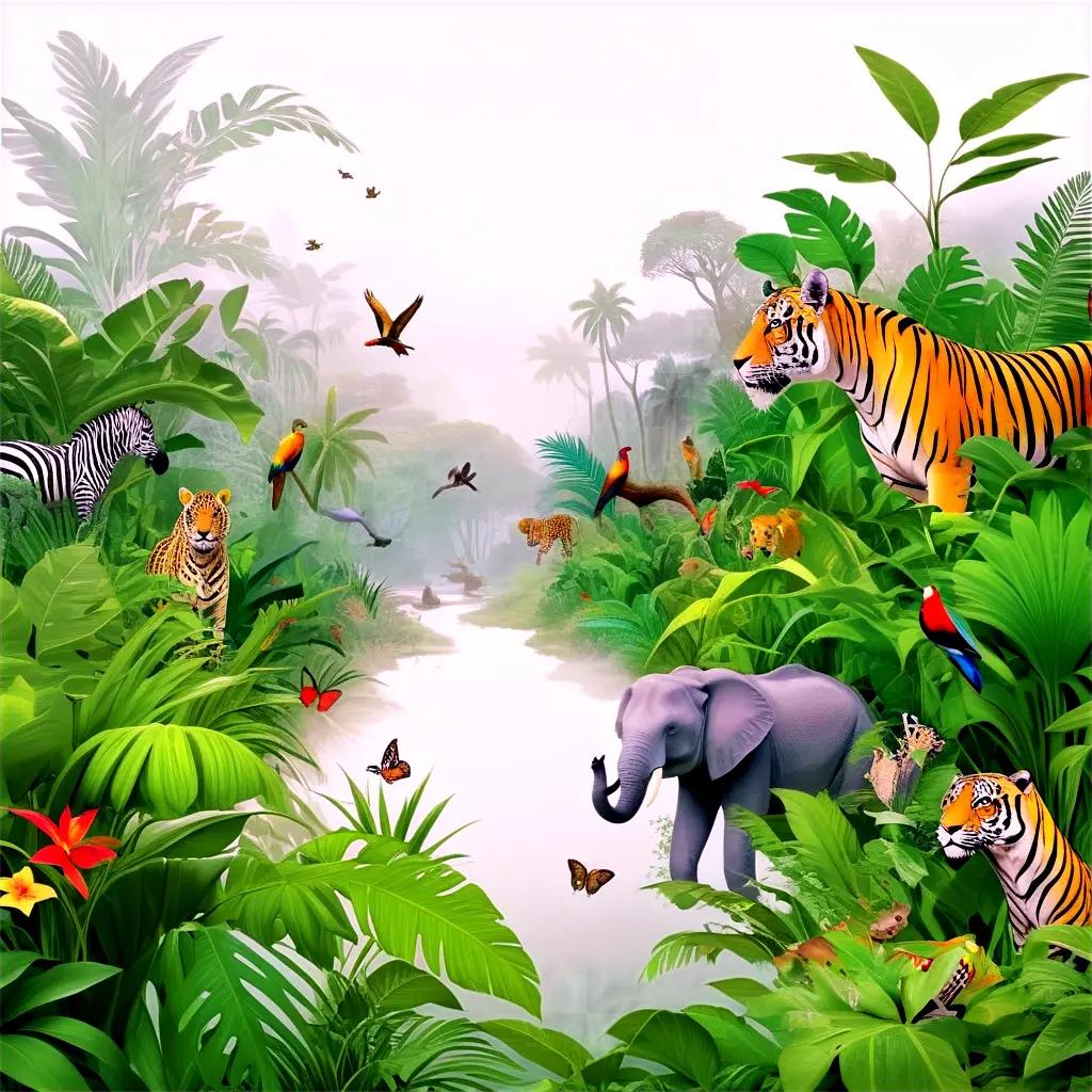 jungle scene with various animals including tigers and birds