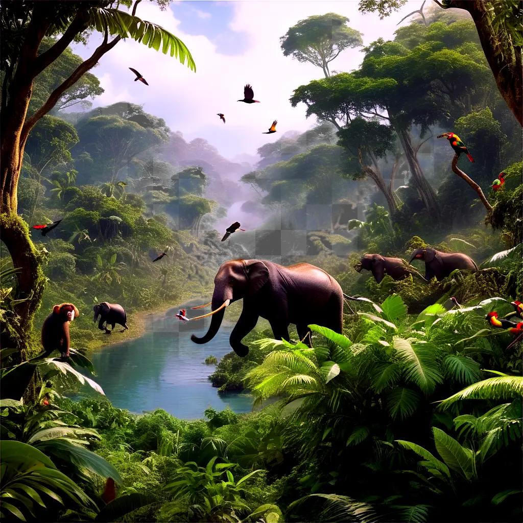 jungle teeming with animals and birds