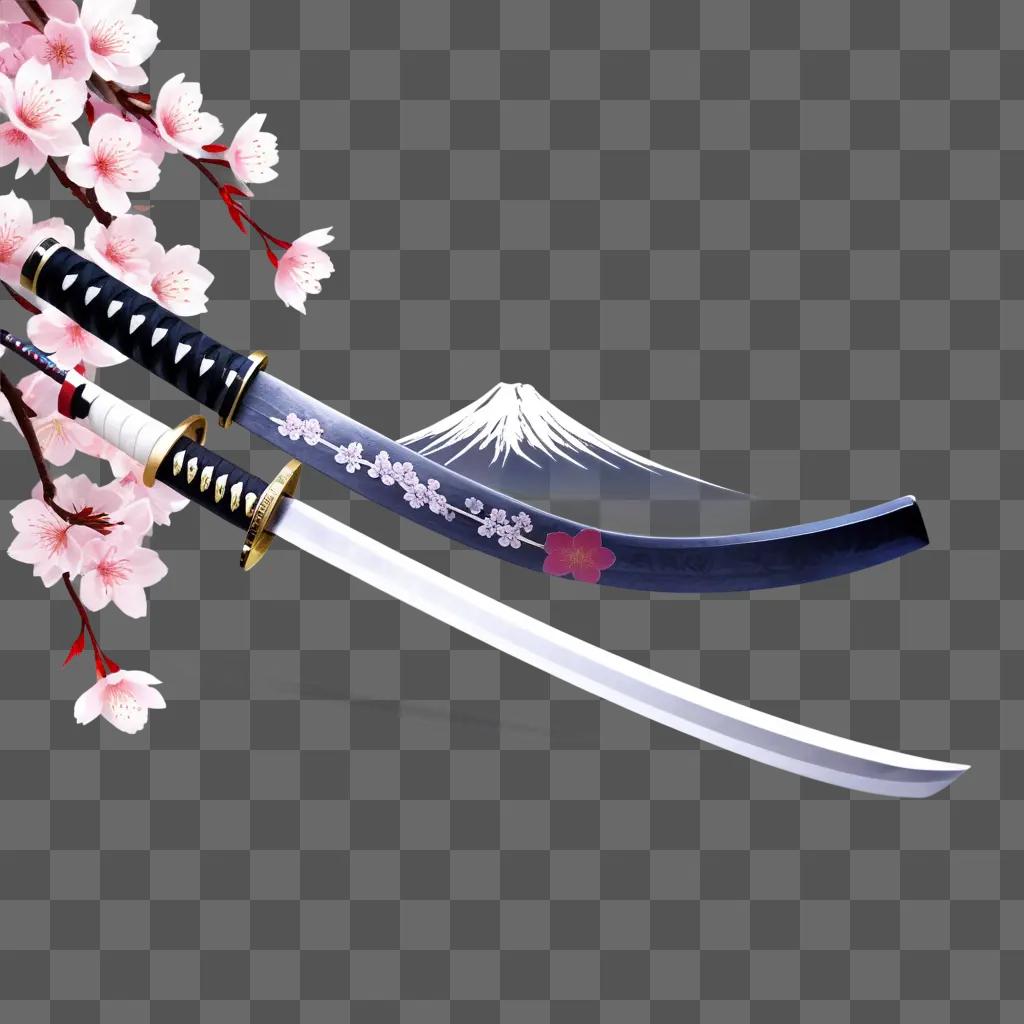 桜を背景に刀を展示