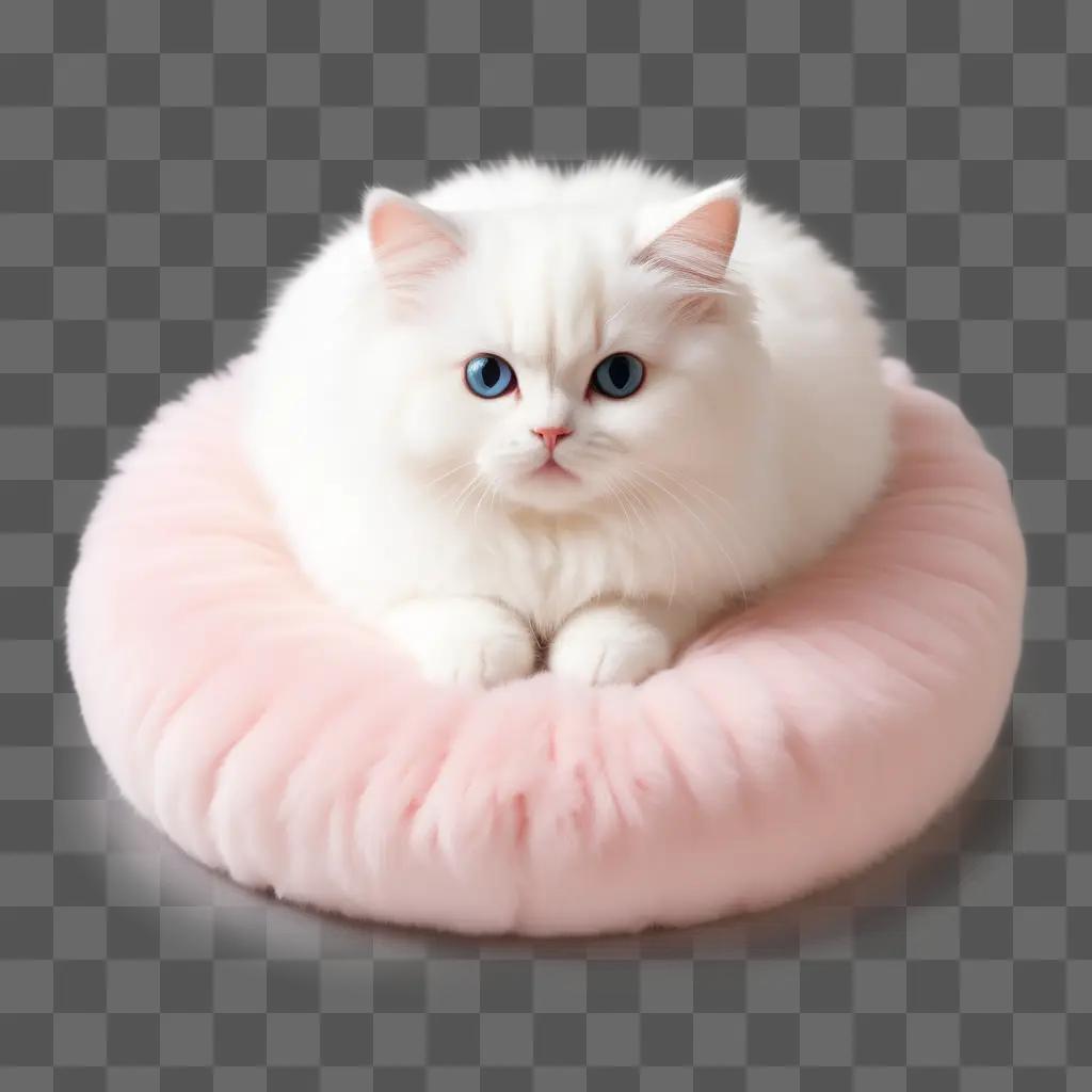 kawaii cat sits on a pink cushion