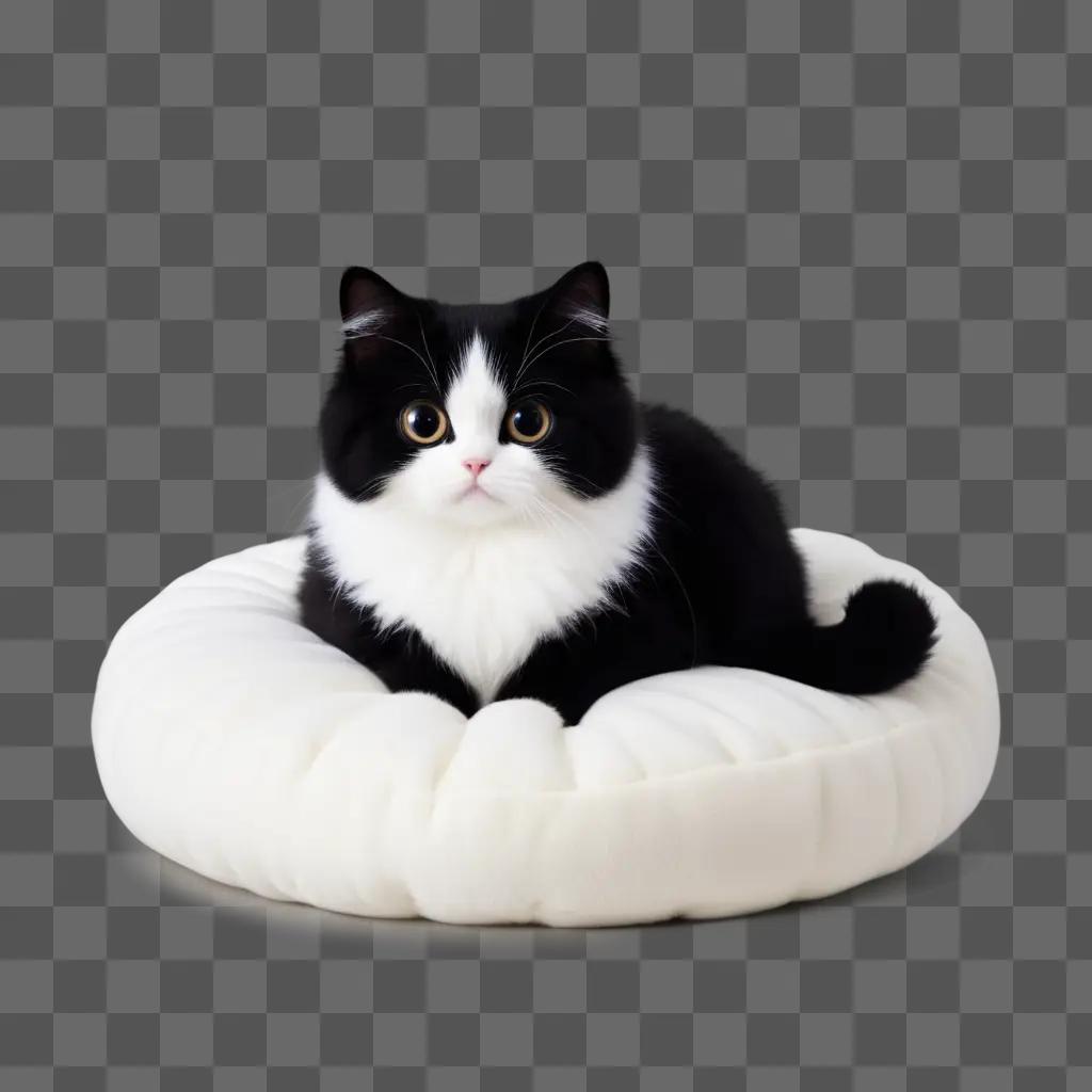 kawaii cat sits on a white cushion