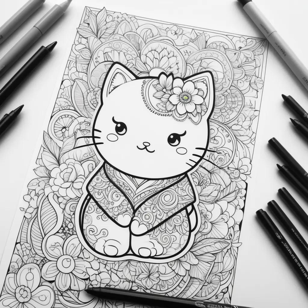 kawaii coloring page features a cat in a flower pattern