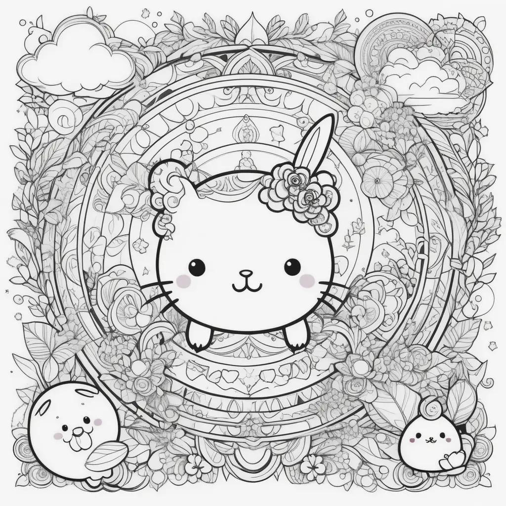 kawaii coloring page with a cat, flowers, and birds