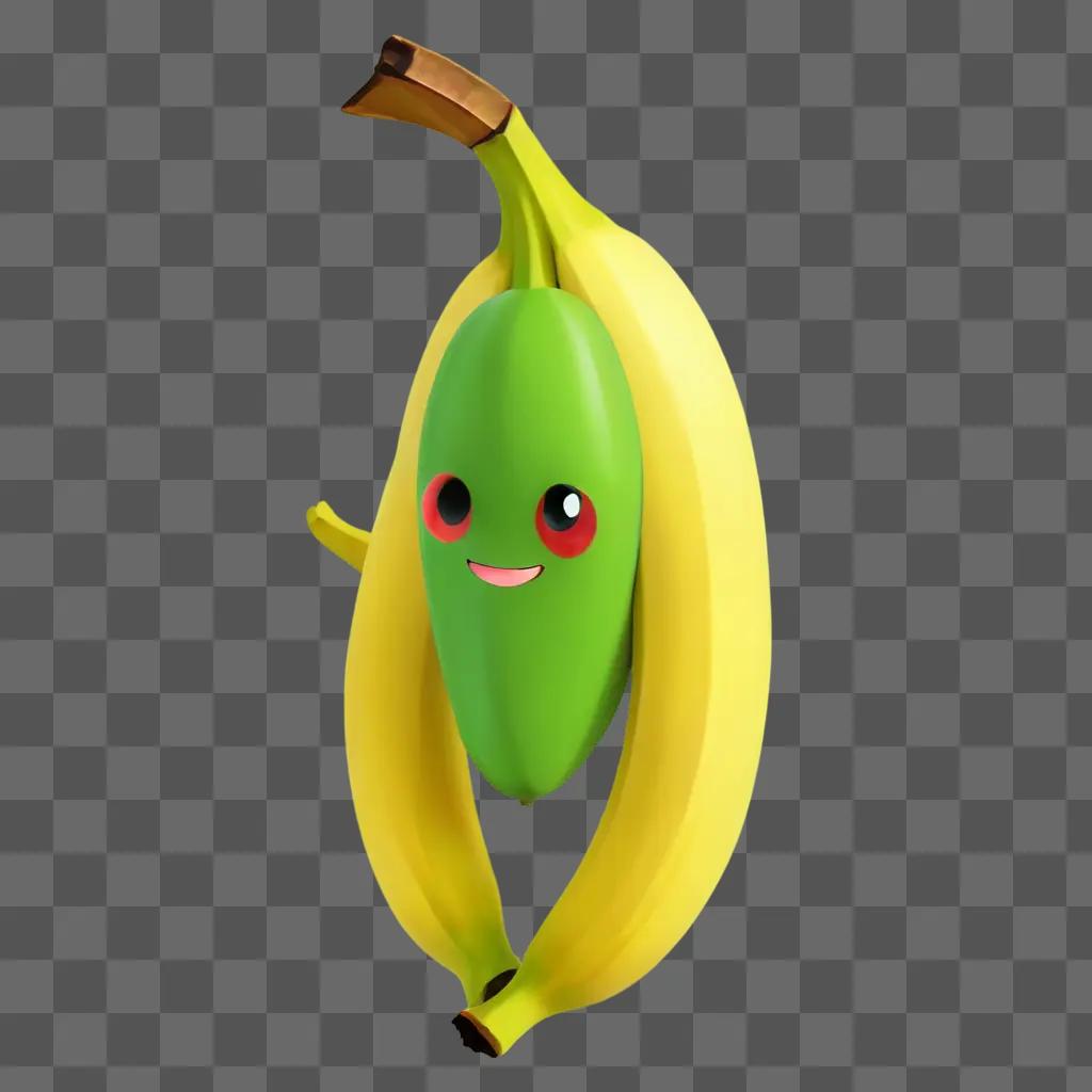 kawaii cute banana drawing A green fruit with red eyes is on a yellow background