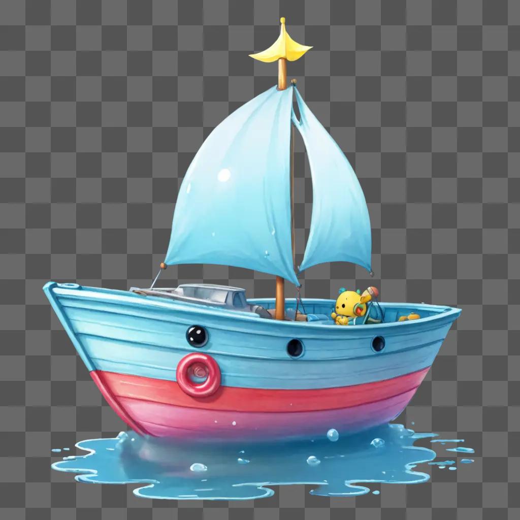 可愛いかわいいボートの絵 黄色と青の帆と黄色いおもちゃが乗ったボート
