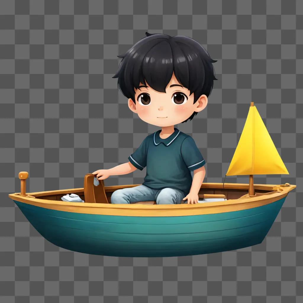 可愛いかわいいボートの絵 黄色い帆と黄色いランプのボートに乗った男の子