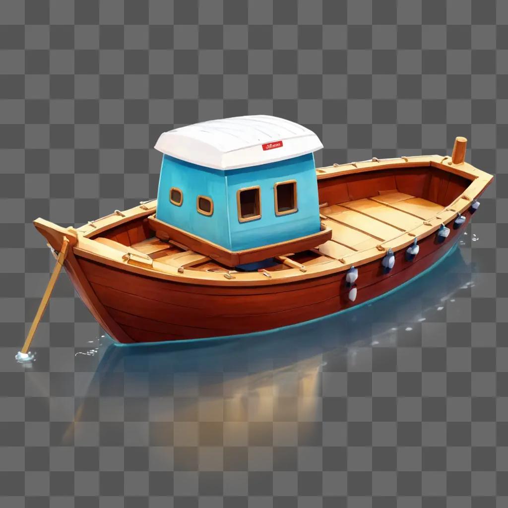 可愛いかわいい船の絵 青い屋根の木造船が水に浮かぶ