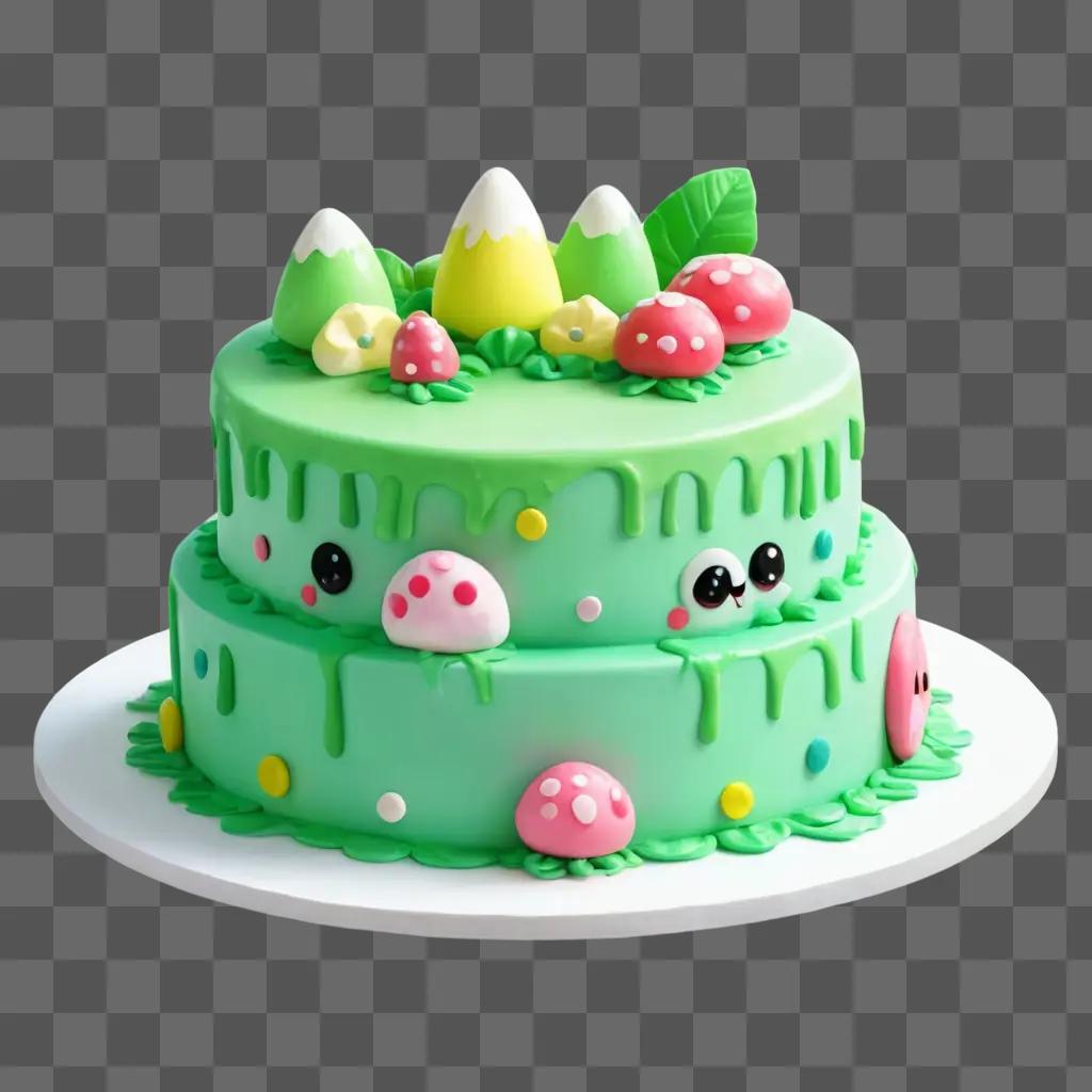 kawaii cute cake drawing A green cake with a cartoon face and mushrooms on top