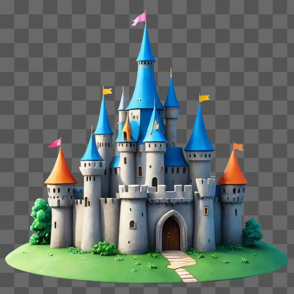 kawaii cute castle drawing A 3D rendered castle with blue roofs and orange trees