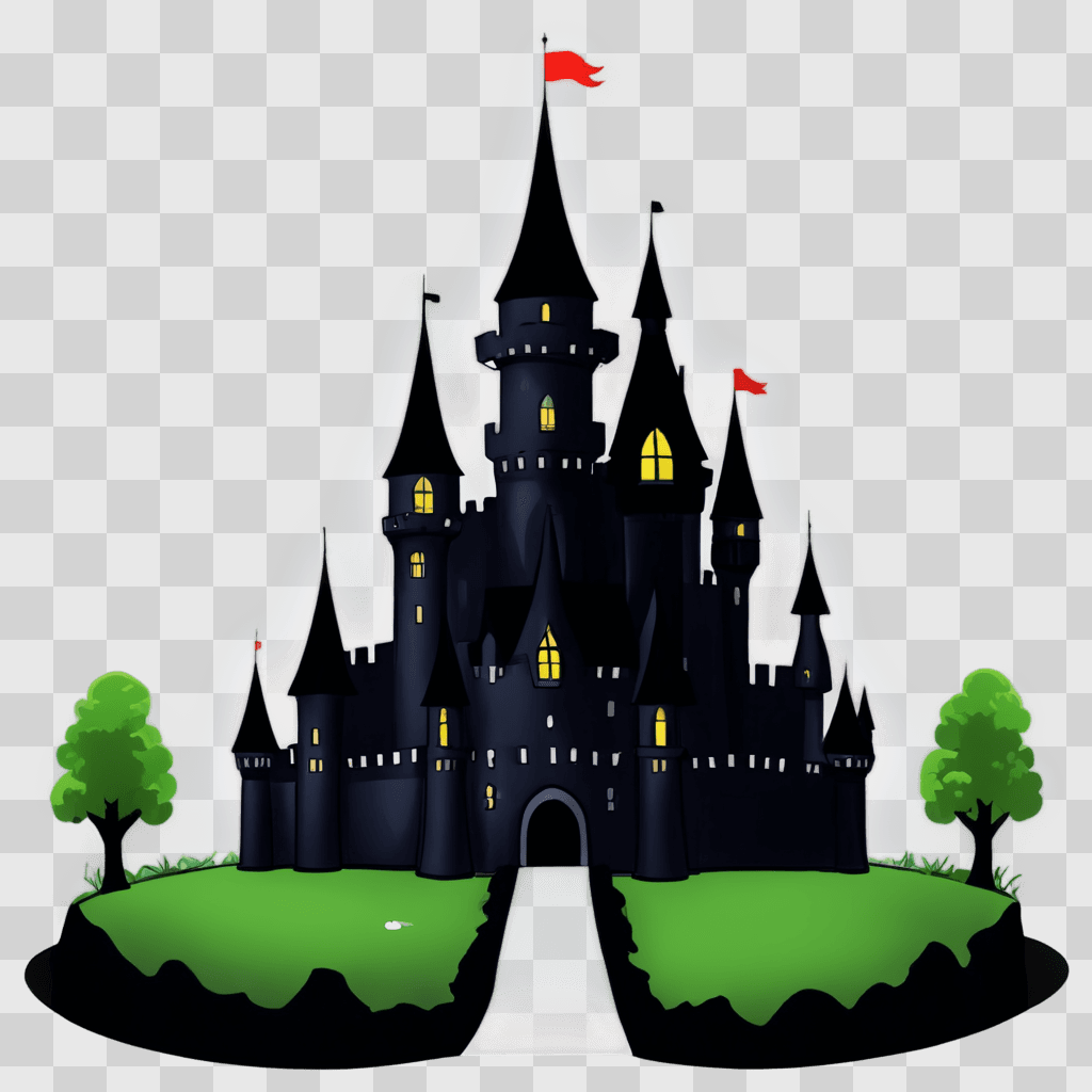 kawaii cute castle drawing A black castle with red flags stands in the night