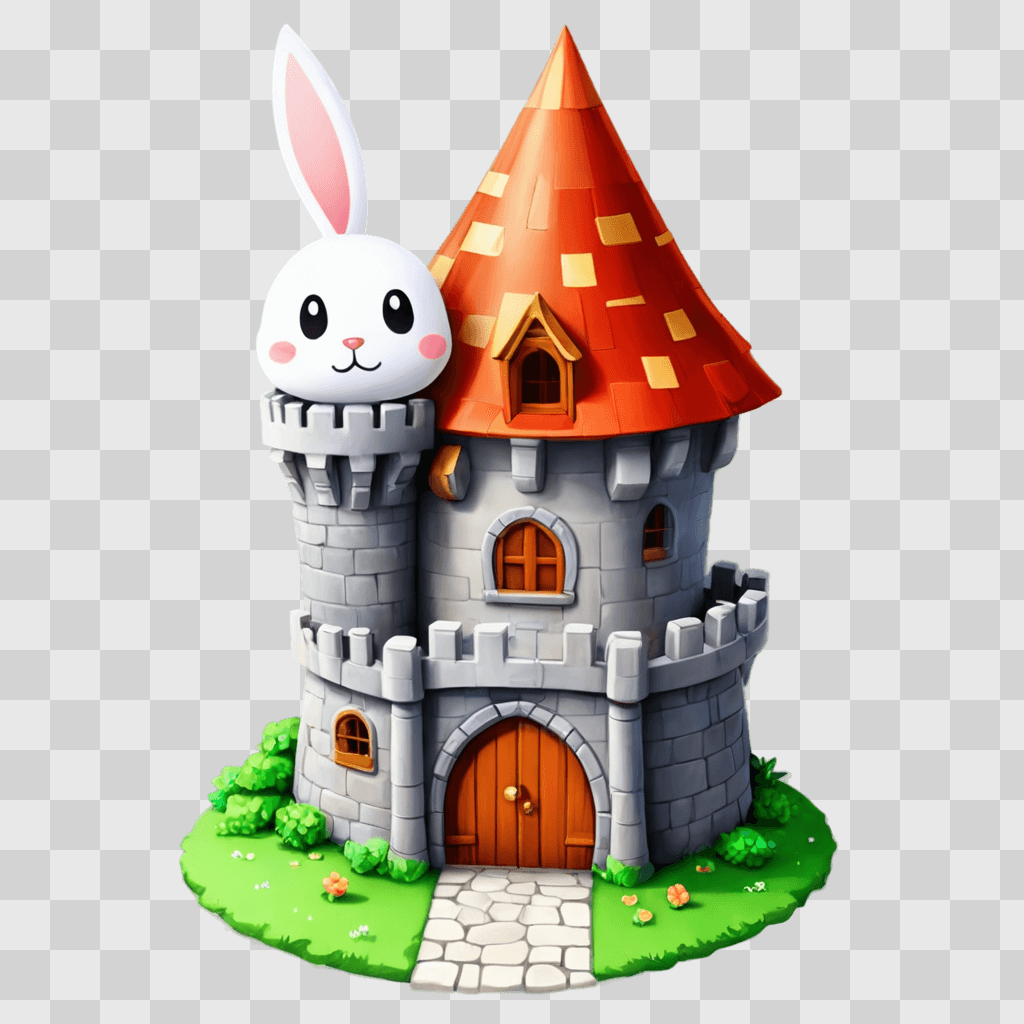 kawaii cute castle drawing A cartoon bunny sits on top of a castle