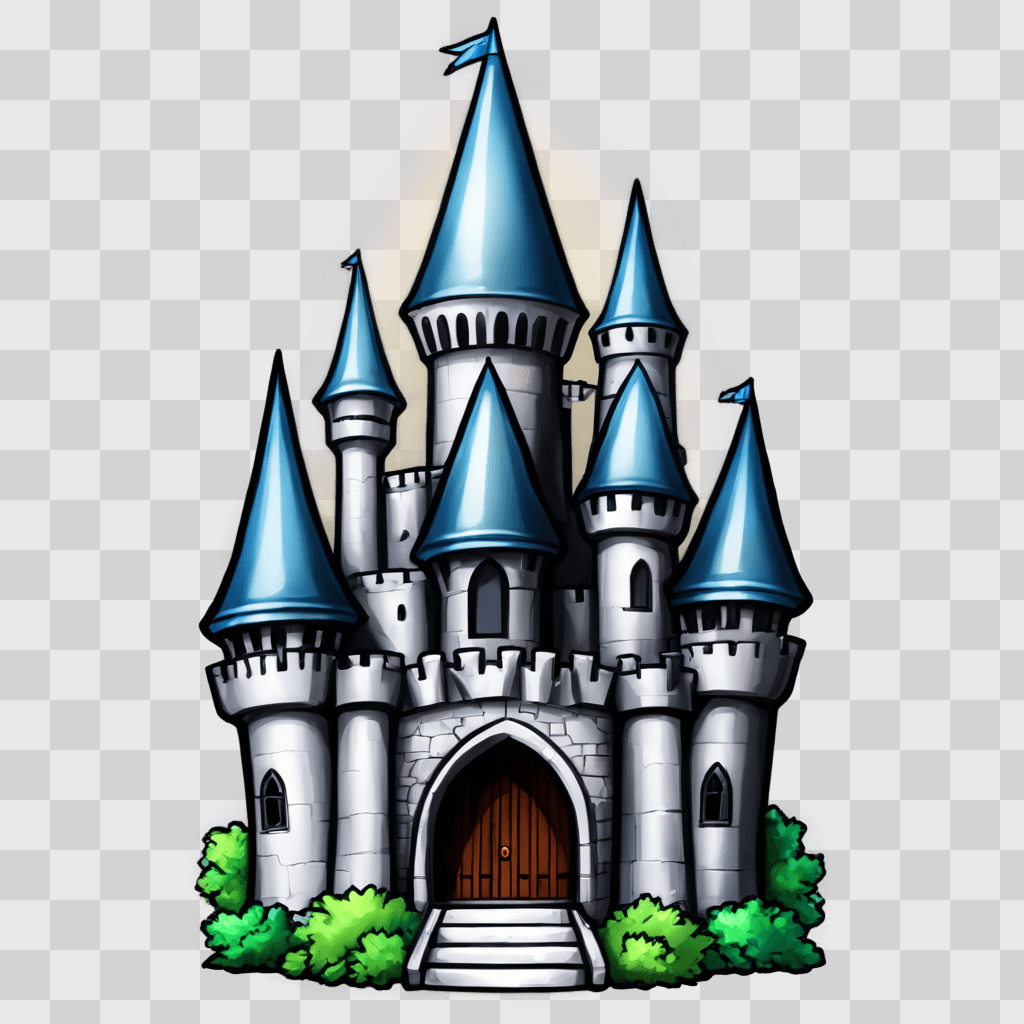 kawaii cute castle drawing A cartoon castle with blue roofs and turrets