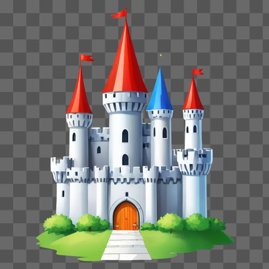 kawaii cute castle drawing A cartoon castle with red roofs and blue towers