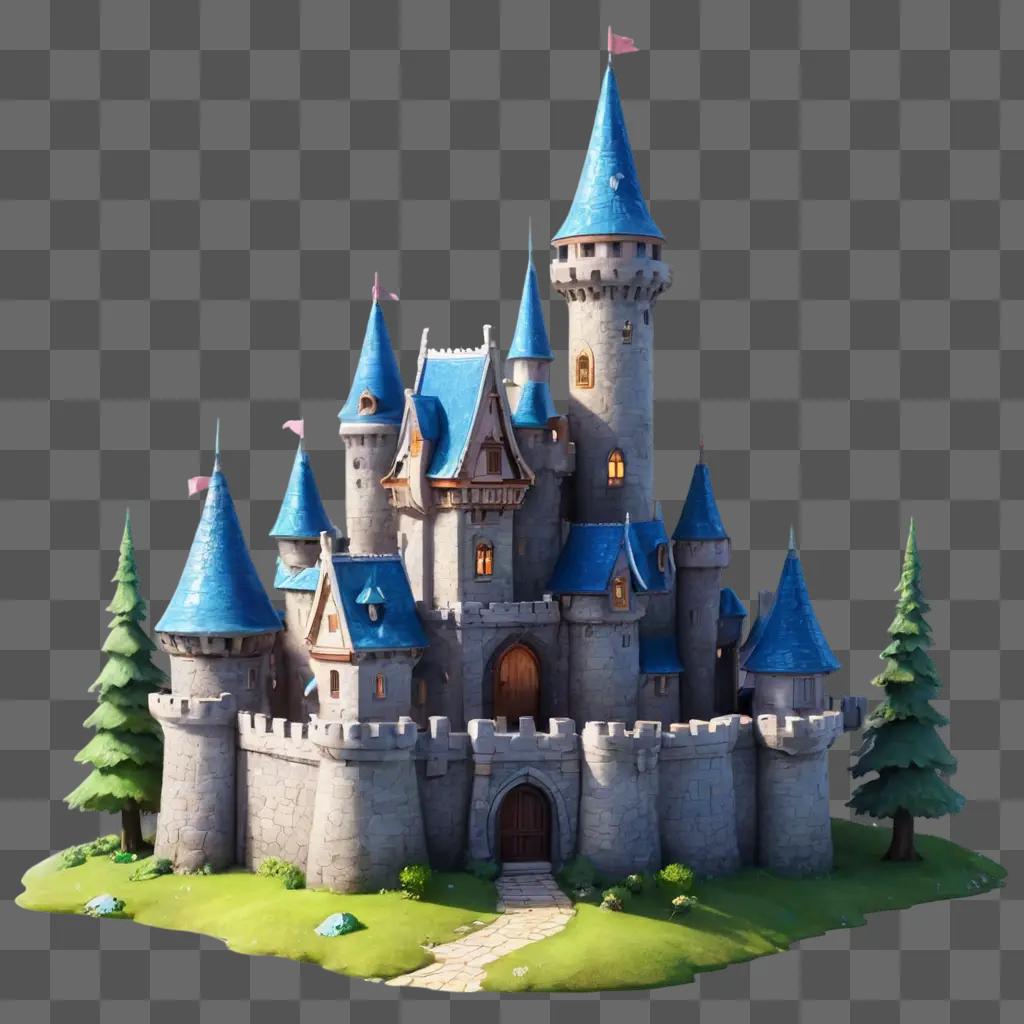 kawaii cute castle drawing A castle with blue roofs and a green grassy lawn