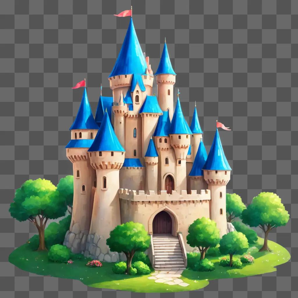 kawaii cute castle drawing A castle with blue roofs and trees