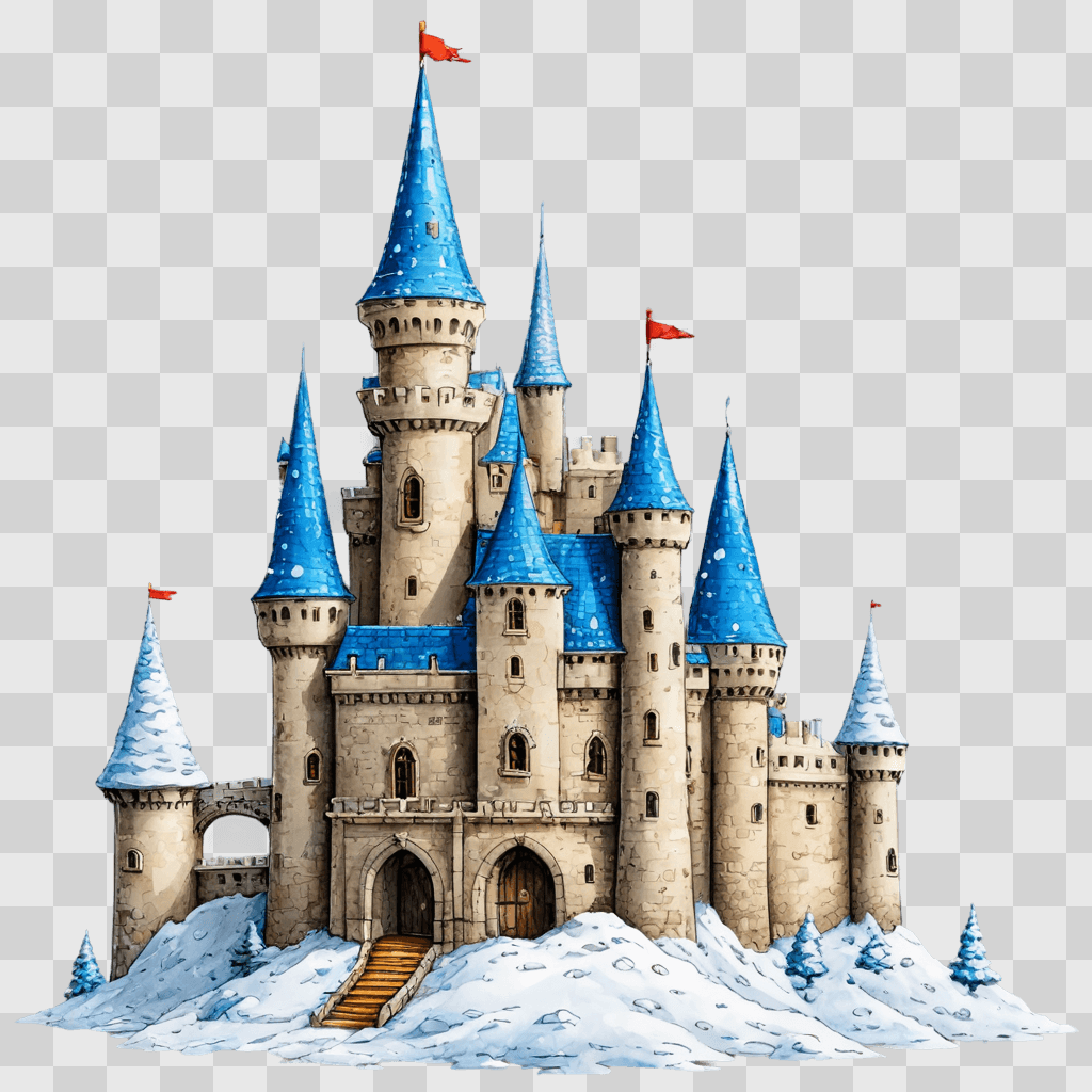 kawaii cute castle drawing A castle with blue roofs is in the snow