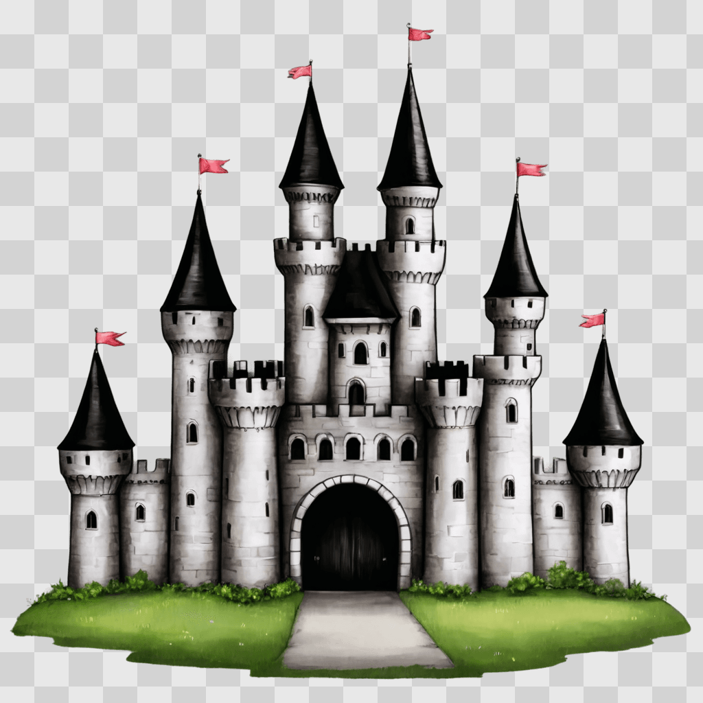 kawaii cute castle drawing A castle with four towers and red flags