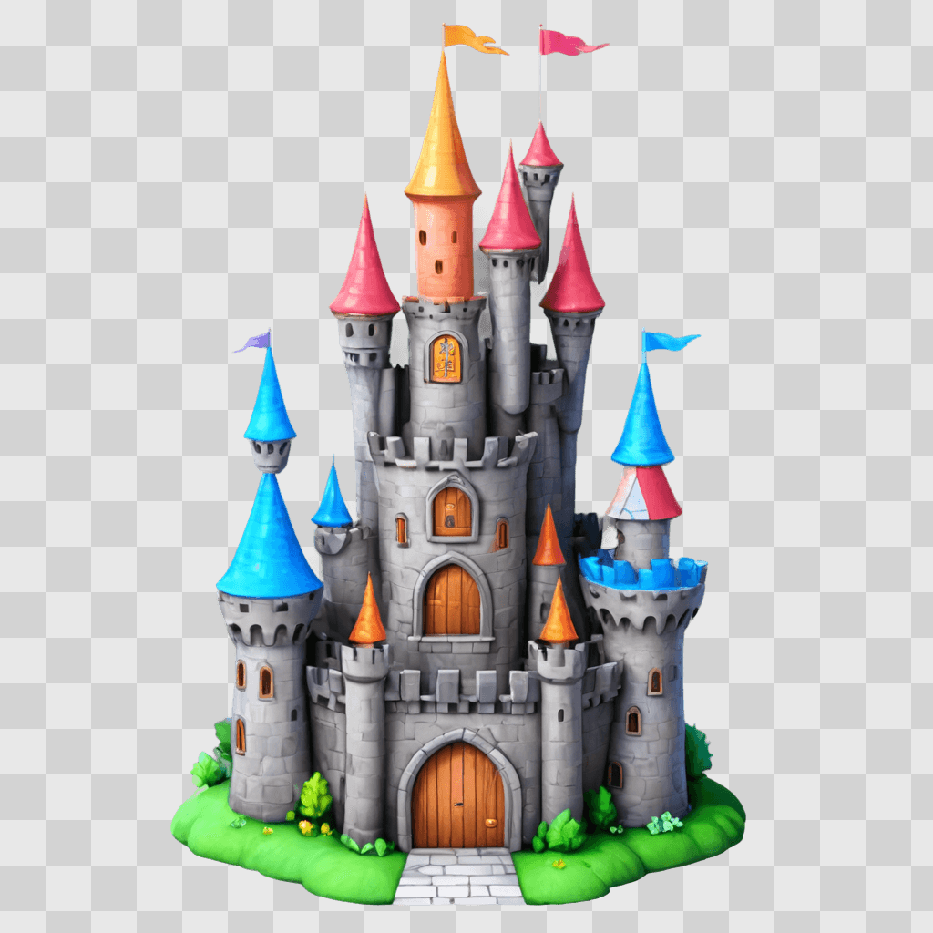 kawaii cute castle drawing A colorful castle with various flags on its turrets