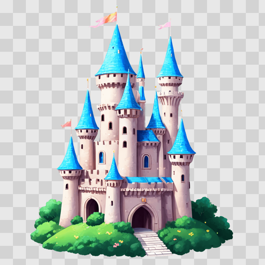 kawaii cute castle drawing A fairy tale castle with a green background