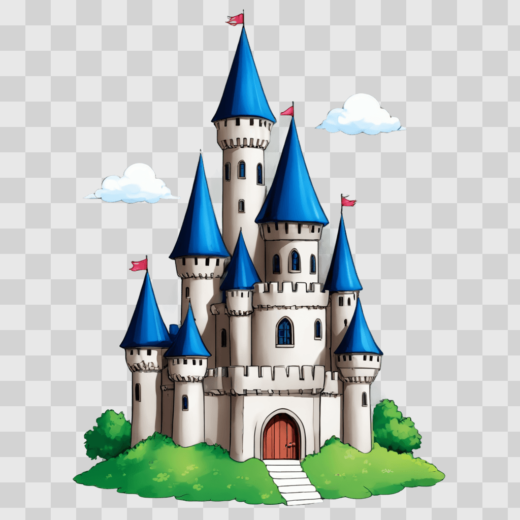 kawaii cute castle drawing A fairy tale castle with blue roofs and red flags