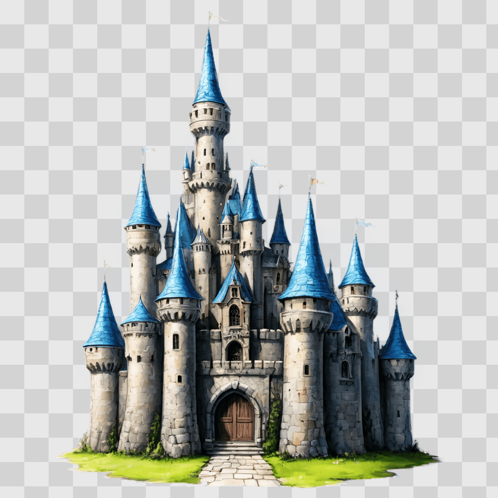 kawaii cute castle drawing A fantasy castle with blue roofs and flags