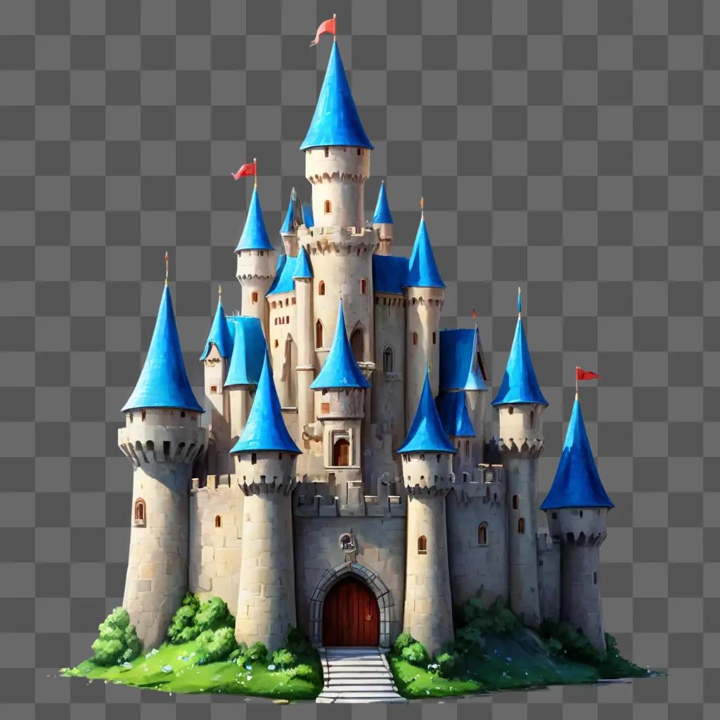 kawaii cute castle drawing A fantasy castle with red flags and a green ground