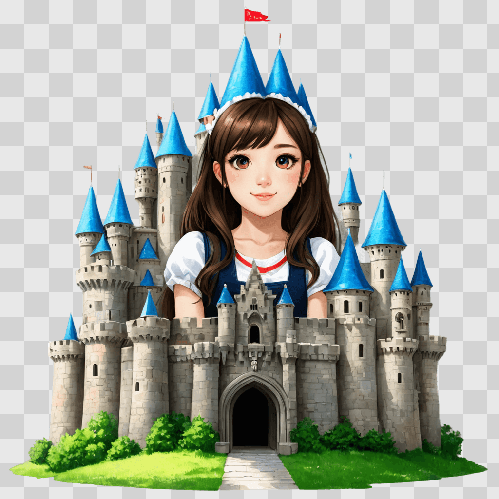 kawaii cute castle drawing A girl stands in front of a castle