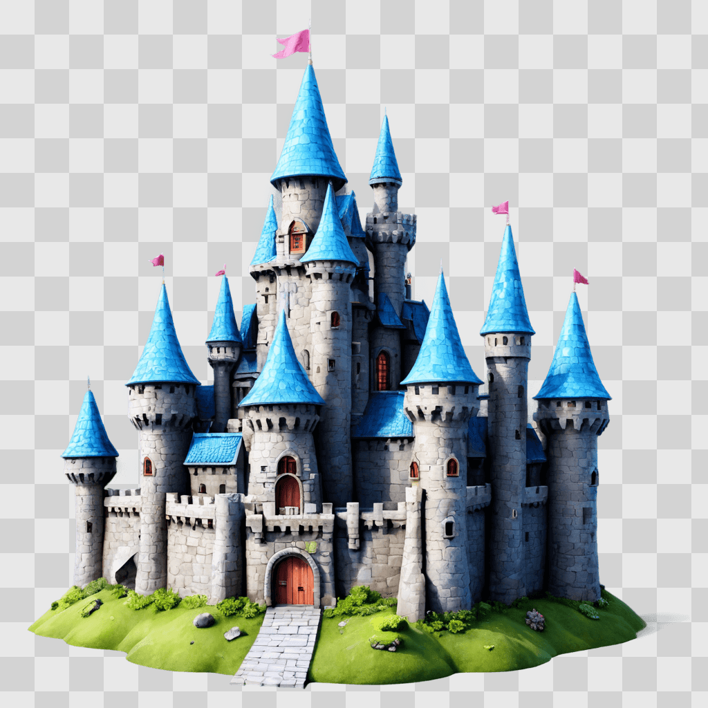 kawaii cute castle drawing A large blue castle with flags on top and a pathway