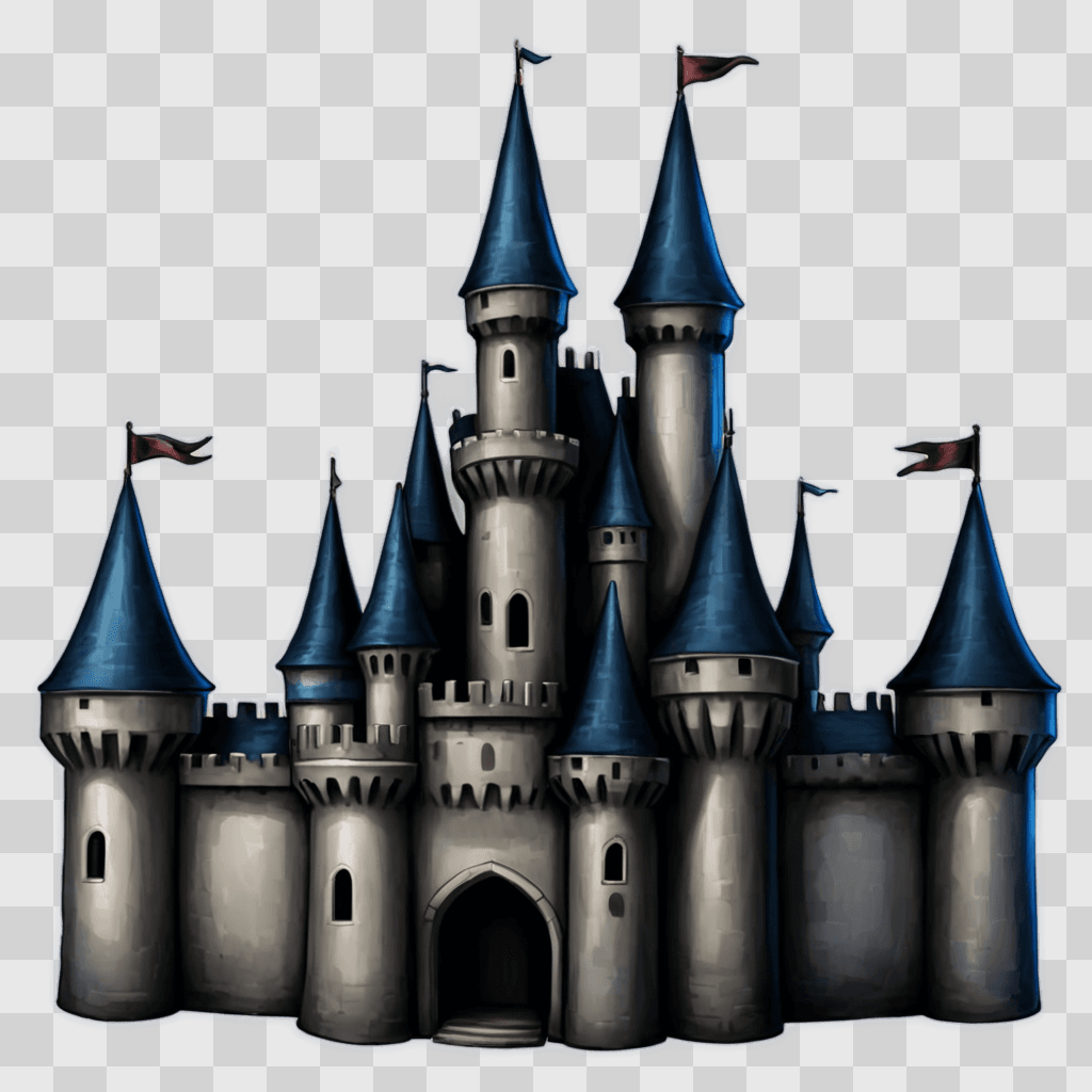 kawaii cute castle drawing A large castle with blue towers and flags