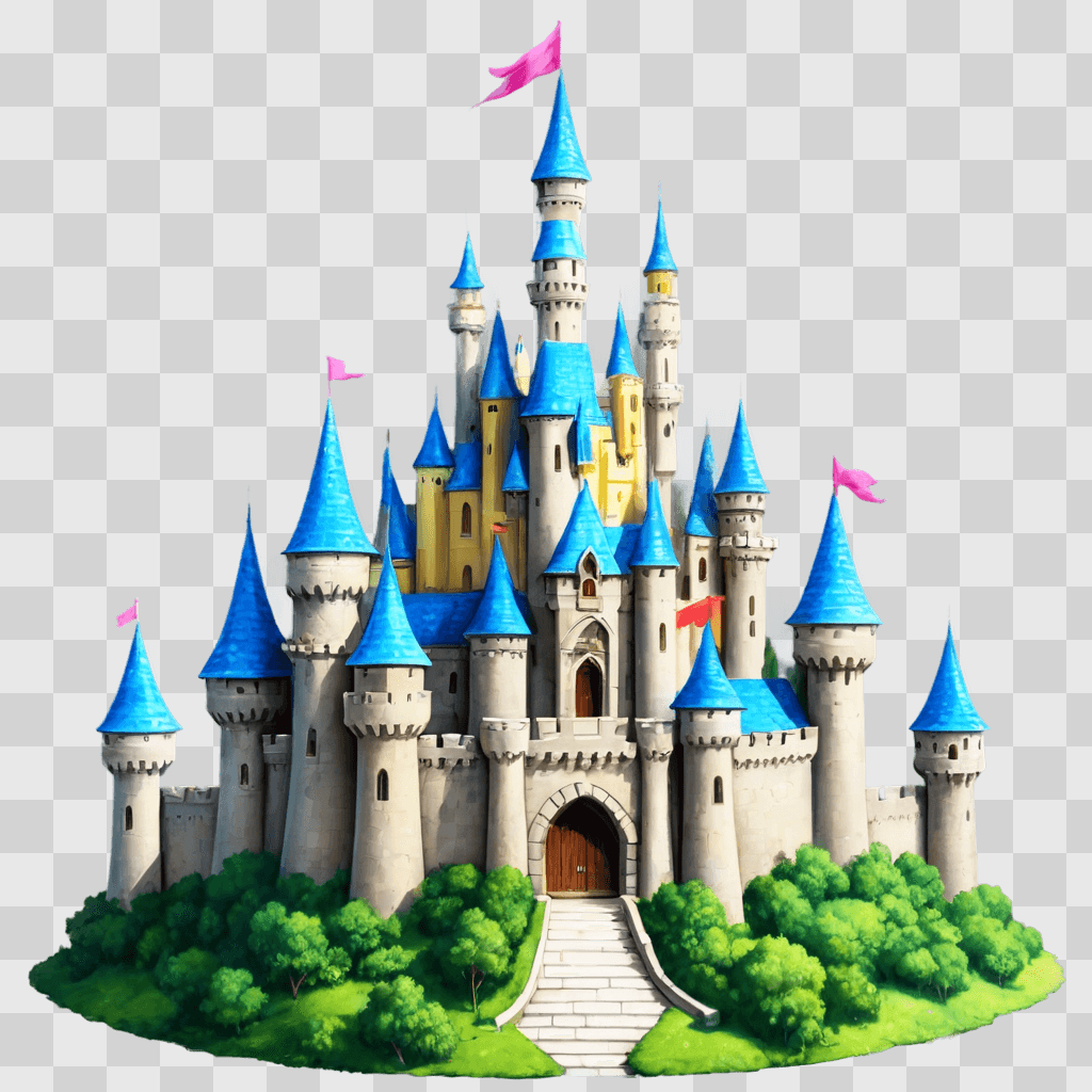 kawaii cute castle drawing A whimsical castle with colorful flags on a green background