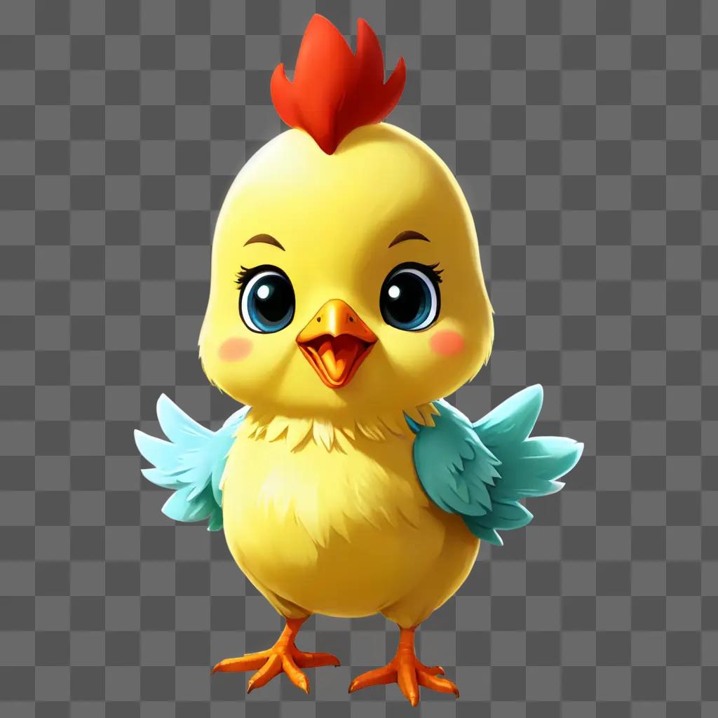 kawaii cute chicken drawing A yellow cartoon chicken with blue wings