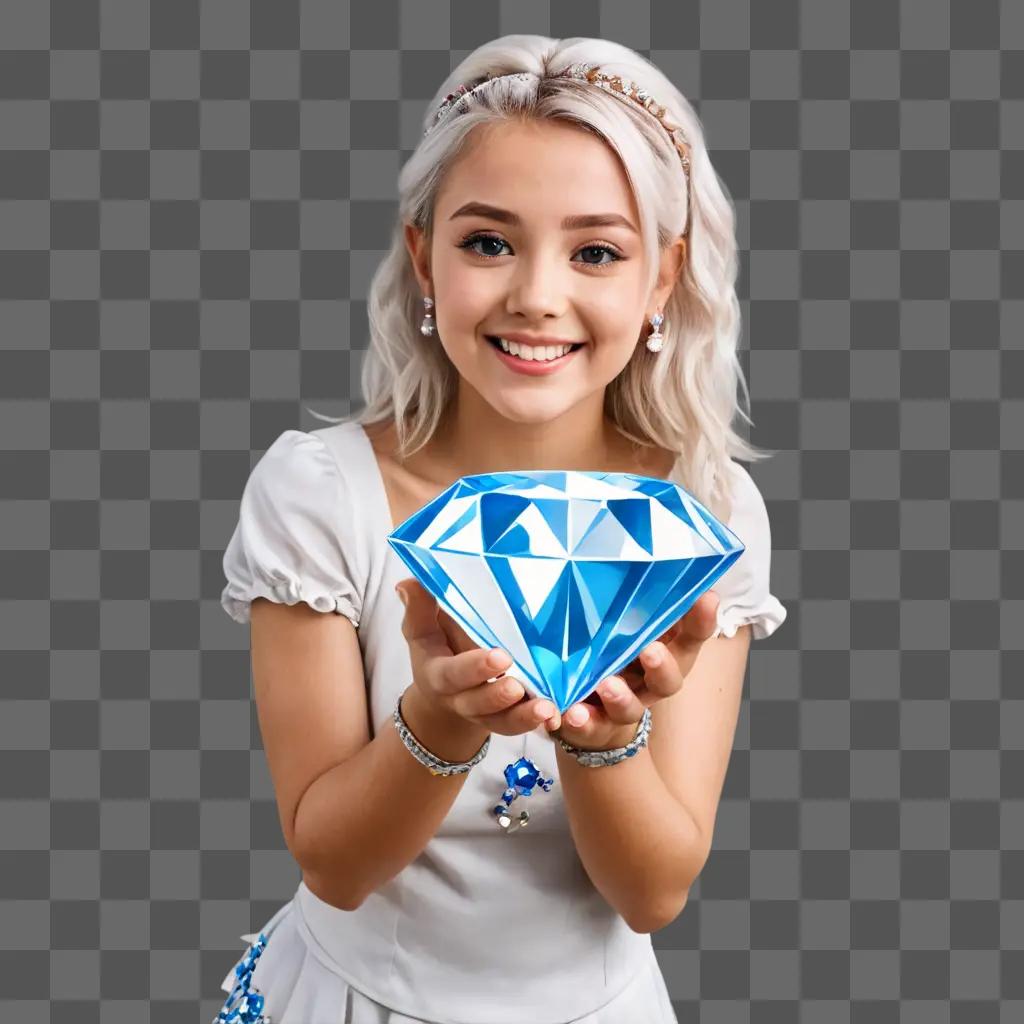 kawaii cute diamond drawing A girl wearing a tiara holds a blue diamond