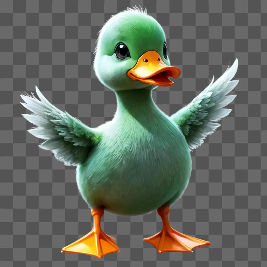 kawaii cute duck drawing A green duck with orange legs and wings