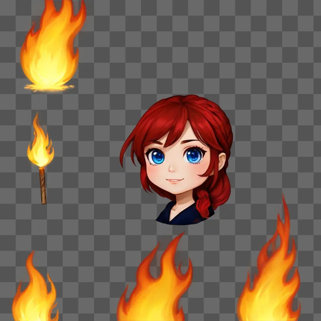 kawaii cute fire drawing A girl with a bow sits in front of flames