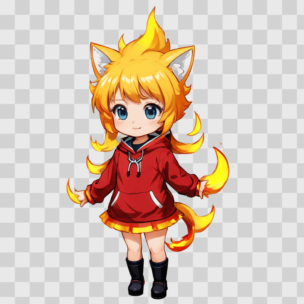 kawaii cute fire drawing A girl with yellow hair and a red hoodie