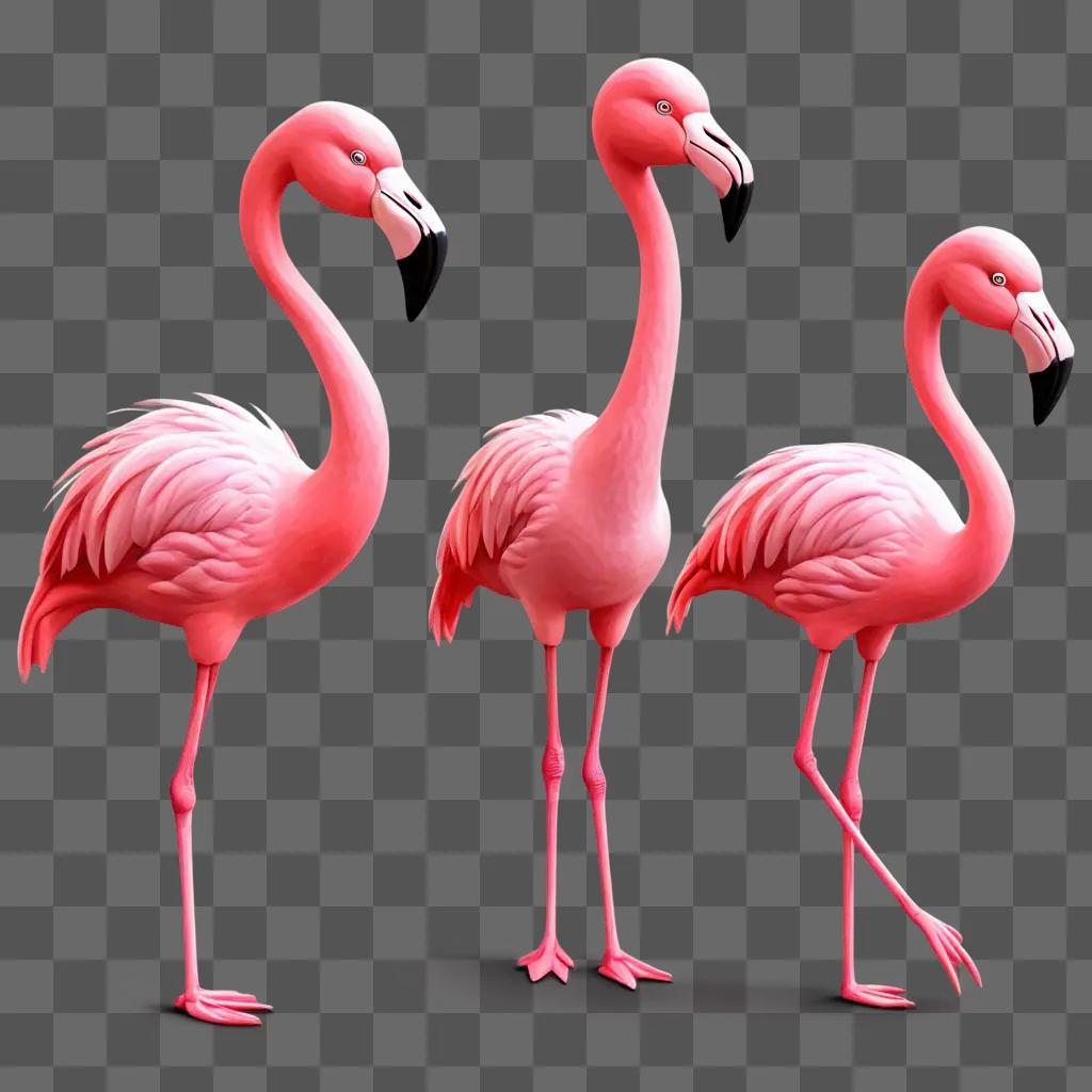 kawaii cute flamingos drawing Three pink flamingos stand in a pink background