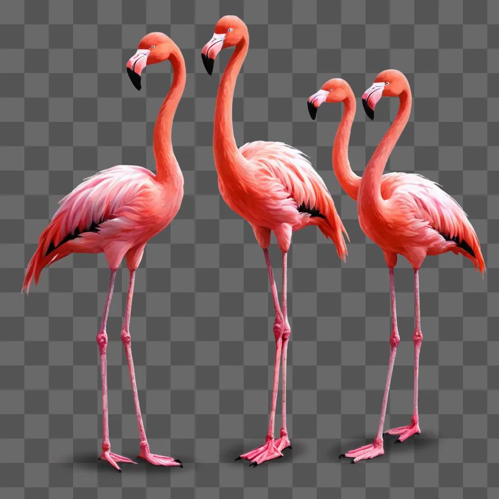 kawaii cute flamingos drawing Three pink flamingos standing side by side