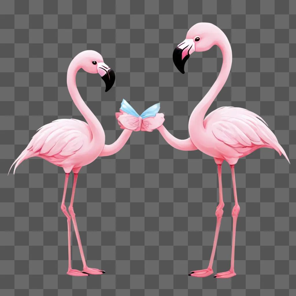 kawaii cute flamingos drawing Two pink flamingos holding a blue bow