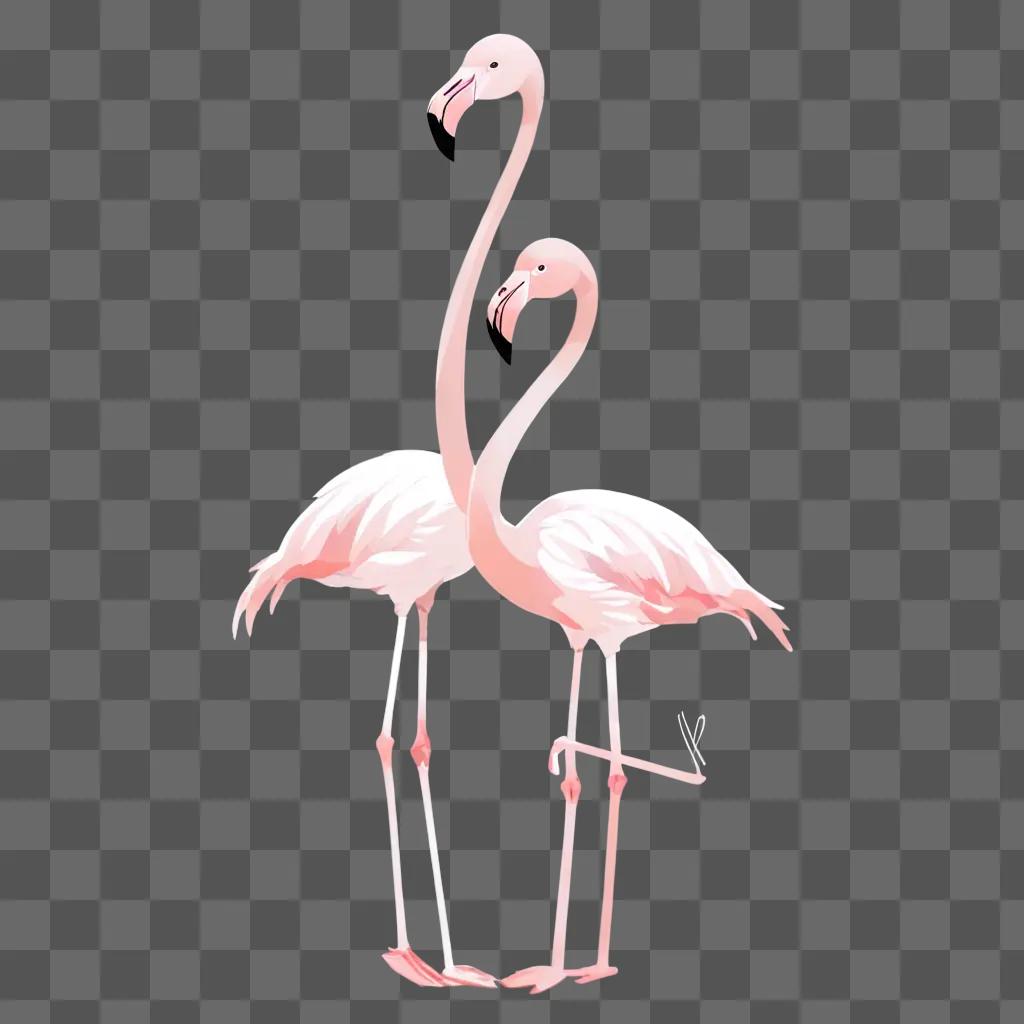 kawaii cute flamingos drawing Two pink flamingos stand on pink background