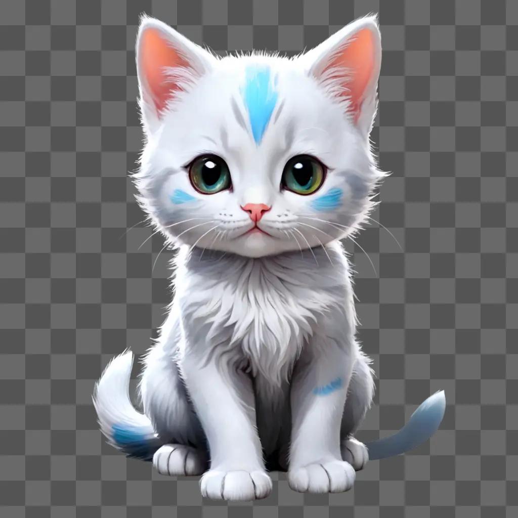 kawaii cute kitten drawing A cartoon white cat with blue eyes and blue tail