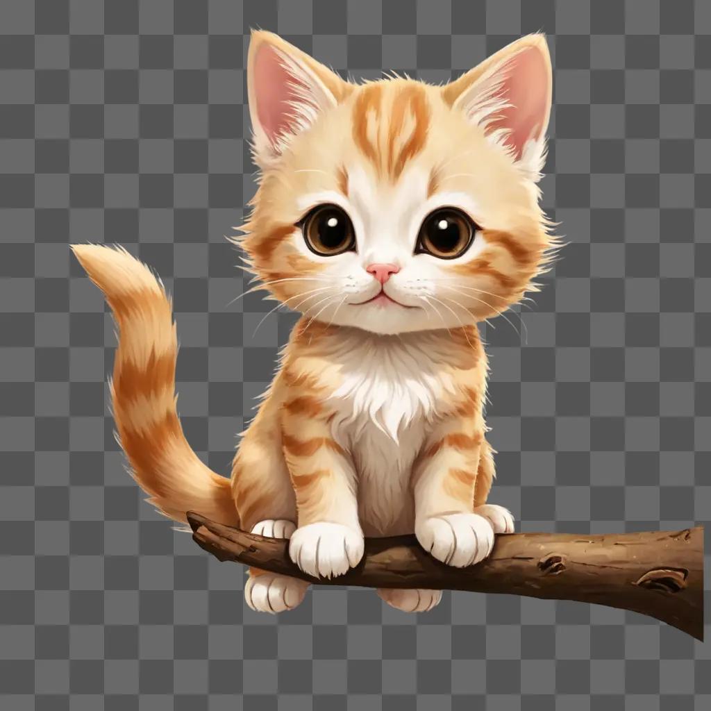 kawaii cute kitten drawing A cute kitten sits on a branch