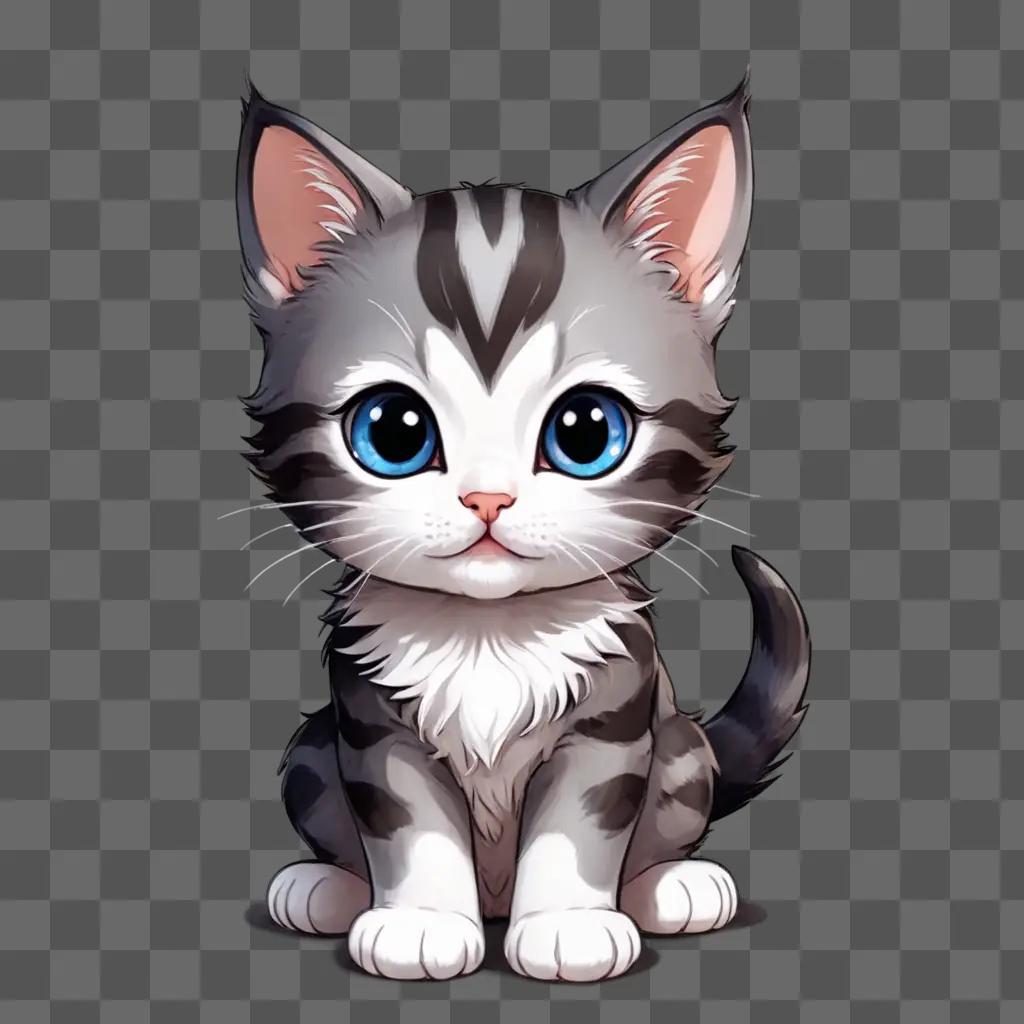 kawaii cute kitten drawing A gray and white cat with blue eyes and short hair