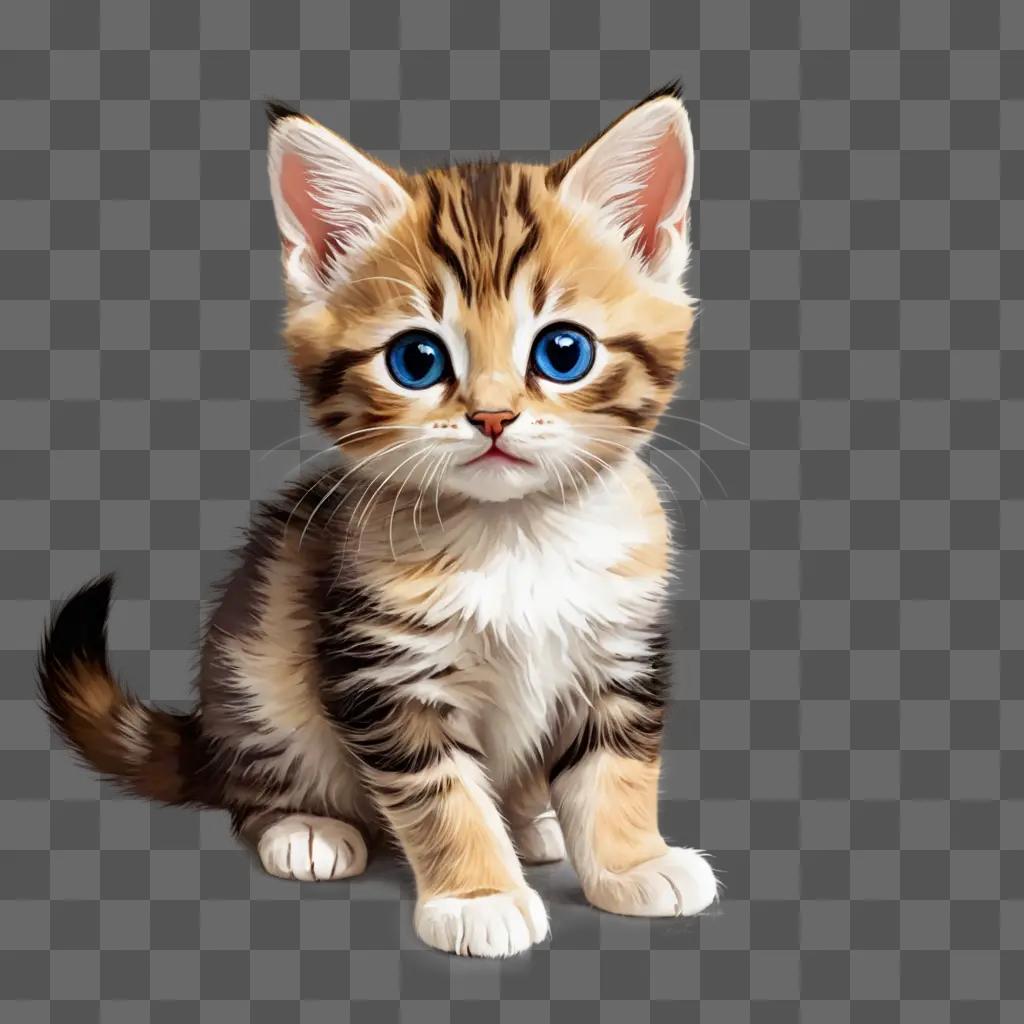 kawaii cute kitten drawing A kitten with blue eyes and white paws sits in front of a beige background