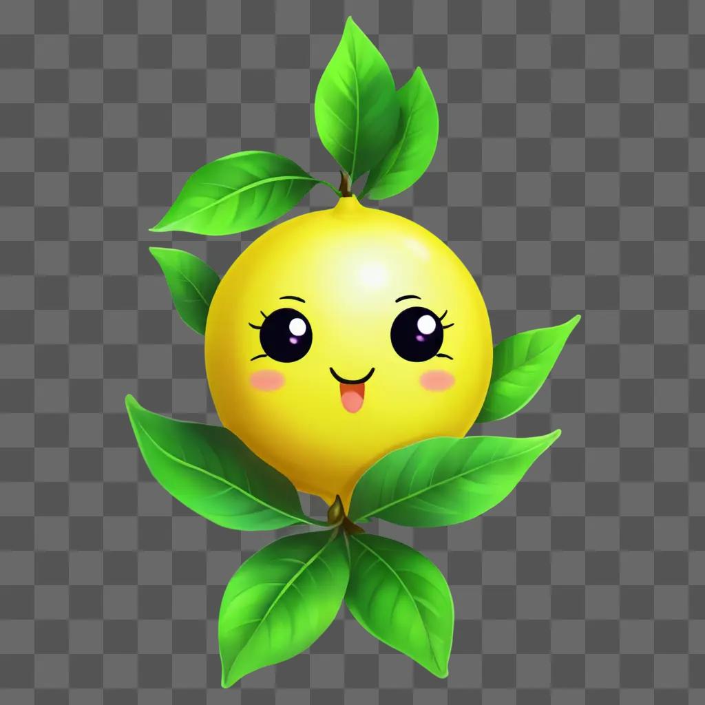 kawaii cute lemon drawing A cartoon lemon with green leaves around it