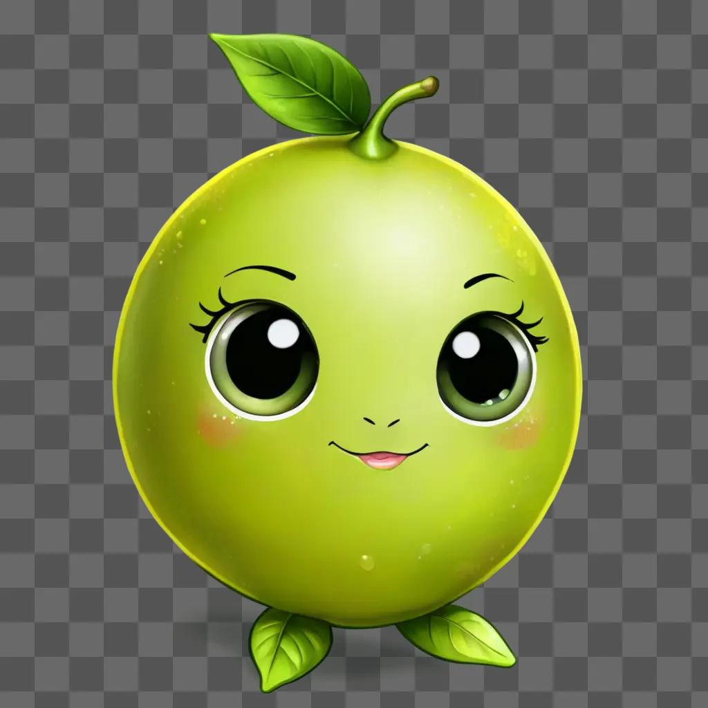 kawaii cute lemon drawing A green fruit with a cute face and leaves